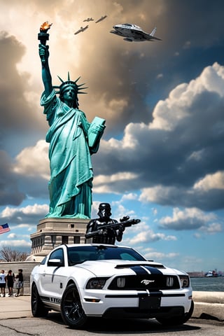 (+18) ,
A Sexy female stormtrooper with her (Ford mustang) near The statue of liberty ,

beautiful blue sky with imposing cumulonembus clouds, 
masterpiece, real_booster,,H effect,stormtrooper,more detail XL