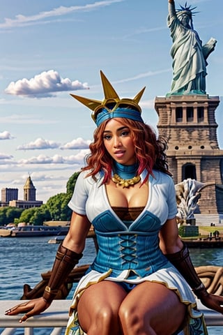 portrait of [Serena Williams| Carrie Underwood], heroin chic, 
Sitting Nearby The statue of Liberty,
Wearing ((Liberty Head crown)) ,
The statue of liberty,
Medium breasts,
Light skin,
Liberty green dress,
Black hair,
Full body shot,
Focus on the statue of liberty,
,
#KALAL ,
,
 accessories to complete the look might include vintage-style jewelry, 
a woven basket, and a bouquet of flowers , conservatory ,natalia_bc,photorealistic