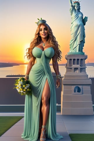 portrait of [Serena Williams| Carrie Underwood], heroin chic, 
Nearby The statue of liberty,
 accessories to complete the look might include vintage-style jewelry, 
a woven basket, and a bouquet of flowers , conservatory 
((Liberty Head crown)) ,
The statue of liberty,
Liberty green dress,
Full body shot,
Focus on the statue of liberty,
,
#KALAL ,
,