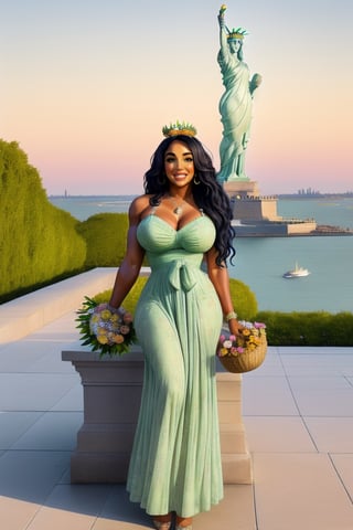 portrait of [Serena Williams| Carrie Underwood], heroin chic, 
Nearby The statue of liberty,
 accessories to complete the look might include vintage-style jewelry, 
a woven basket, and a bouquet of flowers , conservatory 
((Liberty Head crown)) ,
Liberty green dress,
Black hair,
Full body shot,
Focus on the statue of liberty,
,
#KALAL ,
,