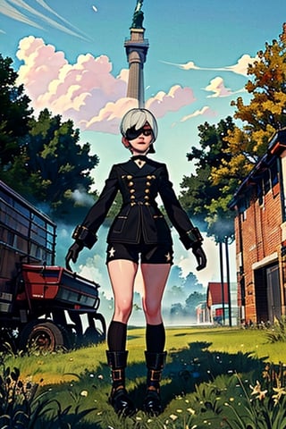 Yorha white hair,
short hair,
black choker,
Almond eyes,
lips,mole under mouth,  
standing, 
The statue of Liberty,
full body shot , 
smile, 
Ygear, black gloves,
long sleeves ,black footwear, 
black shorts, black socks,
black jacket,buttons,
deserted school yard, 
fog,  grass, 
(insanely detailed, beautiful detailed face, masterpiece, best quality)    