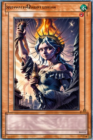 masterpiece,  best quality,  1girl,  
Lady liberty,
The statue of Liberty,
yugioh_card, (anime style), NamiOP, 
looking at viewer,  sky, , , , , ,yugioh_card,1 girl