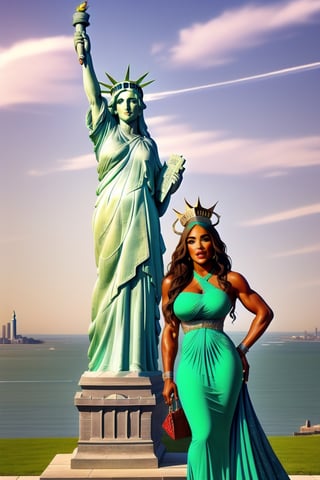 portrait of [Serena Williams| Carrie Underwood], heroin chic, 
,
((Liberty Head crown)) ,
Liberty green dress,
Black hair,
Full body shot,
,
Focus on the statue of liberty,
,
#KALAL ,
,