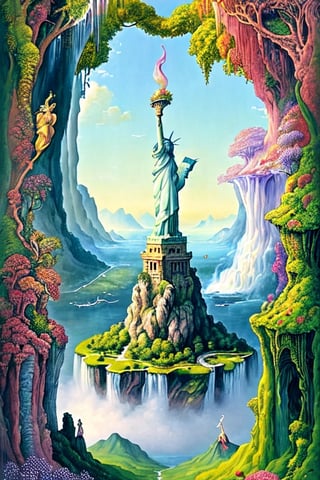 A breathtaking and surreal landscape inspired by dreams and imagination. 
The statue of Liberty in background,
The scene should depict floating islands, cascading waterfalls, and vibrant flora that defy the laws of gravity. 
The colors should be rich and vibrant, with a touch of otherworldly glow. This artwork invites viewers to escape reality and explore a realm of wonder and magic. It is perfect for wall art, album covers, and advertisements that seek to captivate the imagination. Illustrated by Hieronymus Bosch and Roger Dean.