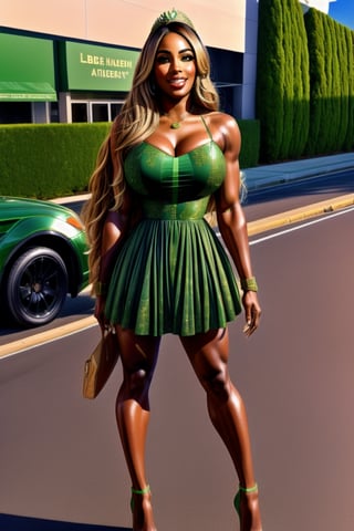 portrait of [Serena Williams| Carrie Underwood], heroin chic, 
Wearing (Liberty Head crown) ,
Liberty Green dress,
Liberty green dress,
Full body shot,

,
#KALAL ,
,