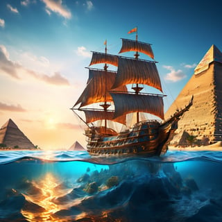 [The pyramids of Giza in the middle of a transparent blue ocean], 
 Pirate ship is passing by The lazy waters , 
 , 
intricate design, photorealistic, 
hyper-realistic, high definition, 
extremely detailed, 
cinematic, 
UHD, HDR, 32k, ultra hd, 
realistic, 
dark muted tones, highly detailed, 
perfect composition, 
beautiful intricate detailing , 
incredibly detailed octane render, 
trending on artstation, , 
nature, subsurface scattering, transparent, translucent skin, glow, bloom, Bioluminescent liquid, 3D style, cyborg style, Movie Still, Leonardo Style, warm color, vibrant, volumetric light,3d,more detail XL