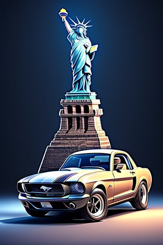 a yollow RC car, 
(Ford mustang) ,
The statue of Liberty in background, 
Studio lighting for a cinematic look, 
Dynamic and photo-realistic, 
Capturing the RC car in real-life detail.,3DMM