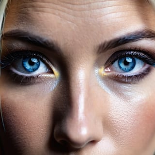 The left half of a 50-year-old woman's face with blonde hair and a messy bun, wearing glasses, is captured on a (extreme close-up:1.5) film photograph. It is pitch black and the light from the upper-left side falls on the half side of her face. The light isn't too bright, but It's just enough to barely reveal her magnificient cosmic blue eyes and the immediate areas around it in a very sharp, high detail, casting a striking effect on her retinas, making it shines and looked so gorgeous and identical to a woman's. The photograph should showcase (only the half side of her face, focusing mainly on her eye:1.3). Shot on a kodak, (half face), (front view:1.5), (facing viewer:1.5), (vignette:1.2), shallow depth of field, masterpiece, best quality, ultra hires, 4k, HDR,  sharp focus, vibrant colors, cinematic lighting, cinematic photography, hyper realistic, ultra detailed, detailed eyes, perfect eyes.,photorealistic