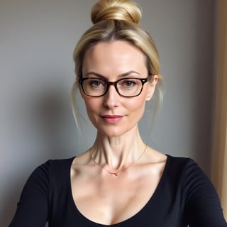 Create a selfie of a (((48-year-old European female teacher))) with pale skin, perfect shape body, small_breast, pendant_breasts and a sleek silhouette, inperfect skin. She has blonde hair with a messy bun, long oval face with warm and friendly look, small thin lips, light makeup, wearing ((glasses))