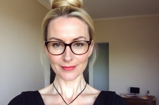 Create a selfie made with an old iphone of a (((55-year-old European female teacher))) with pale skin, perfect shape body, small_breast, pendant_breasts and a sleek silhouette, inperfect skin. She has blonde hair with a messy bun, long oval face with warm and friendly look, small thin lips, light makeup, wearing ((glasses))