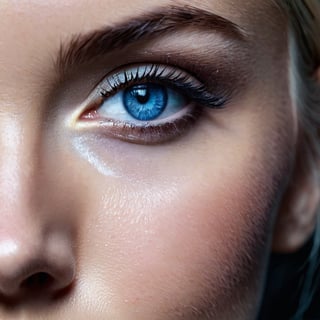 The left half of a 45-year-old woman's face with blonde hair and a messy bun is captured on a (extreme close-up:1.5) film photograph. It is pitch black and the light from the upper-left side falls on the half side of her face. The light isn't too bright, but It's just enough to barely reveal her magnificient cosmic blue eyes and the immediate areas around it in a very sharp, high detail, casting a striking effect on her retinas, making it shines and looked so gorgeous and identical to a woman's. The photograph should showcase (only the half side of her face, focusing mainly on her eye:1.3). Shot on a kodak, (half face), (front view:1.5), (facing viewer:1.5), (vignette:1.2), shallow depth of field, masterpiece, best quality, ultra hires, 4k, HDR,  sharp focus, vibrant colors, cinematic lighting, cinematic photography, hyper realistic, ultra detailed, detailed eyes, perfect eyes.,photorealistic