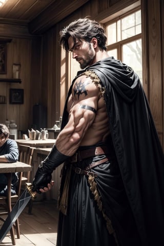 A low-angle shot frames the colossal figure, casting a long shadow across the tavern's warm glow. The darkness surrounding him serves as a stark contrast to the golden light, drawing attention to the intense, fiery gaze that seems to pierce through the shadows. The camera pans down his imposing form, worn clothes and tattered cape a testament to his rugged nature. A gruesome sack dangles from one massive hand, containing a human head, while a longsword adorns his broad back, its presence an ominous reminder of his deadly prowess.