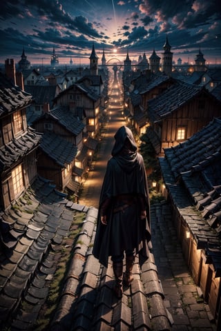 A lonley assassin standing on the roof watching a medieval city during the night. The assassin is silent and wears a long black cape and hood so we can't see her face. Some daggers are hanging on her belt and the city is lively.