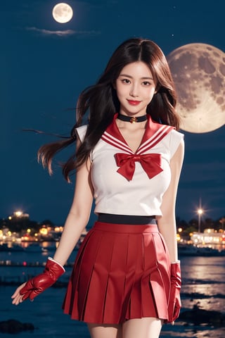 1girl, big breasts,solo, long hair, looking at viewer, smile, skirt, black hair, gloves, pleated skirt, outdoors, choker, elbow gloves, white gloves, sailor collar, black eyes, night, red skirt, moon, full moon, realistic, sailor senshi uniform, red sailor collar, sailor mars