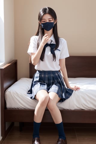 1girl, solo, long hair, skirt, shirt, black hair, ribbon, sitting, school uniform, short sleeves, indoors, lips, blue skirt, plaid, bed, plaid skirt, facing viewer, blindfold, covered eyes