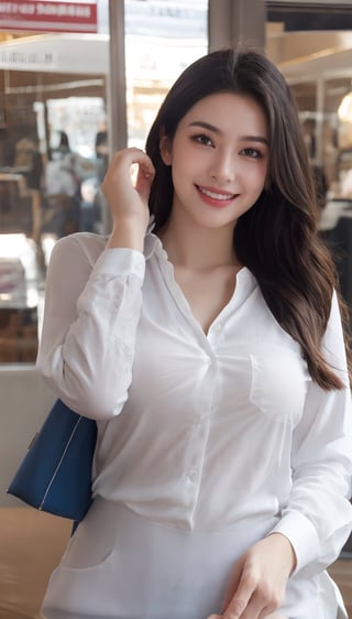 a beautiful girl in a white shirt, long hair and big boobs,keep smile 