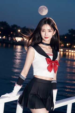 1girl, solo, long hair, looking at viewer, smile, skirt, black hair, gloves, pleated skirt, outdoors, choker, elbow gloves, white gloves, sailor collar, black eyes, night, red skirt, moon, full moon, realistic, sailor senshi uniform, red sailor collar, sailor mars