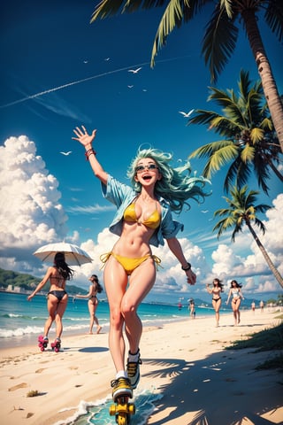 1girl, long hair, smile, open mouth, multiple girls, shirt, swimsuit, full body, :d, bikini, outdoors, green hair, sky, solo focus, day, cloud, tree, blue sky, ocean, umbrella, beach, sunglasses, t-shirt, palm tree, yellow bikini, bikini bottom only, beach umbrella, skates, surfboard, roller skates