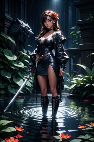 1girl, solo, long hair, looking at viewer, bangs, brown hair, hair ornament, gloves, long sleeves, dress, holding, jewelry, standing, full body, weapon, flower, earrings, boots, choker, socks, sword, hair flower, dark skin, water, holding weapon, dark-skinned female, kneehighs, blue dress, holding sword, pelvic curtain, wading, dual wielding, ripples