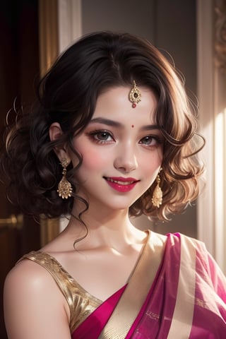 Beautiful look, pink lips , curly_hair, wearing saree almond eyes set, perfect  smile 