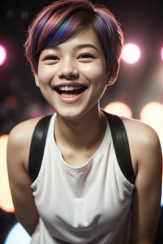 facial expression, 1girl, 13 year old, multicolored pixie cut, excited, open mouth, wide smile, wide open  eyes,background k-pop concert, 8k uhd, dslr, soft lighting, high quality