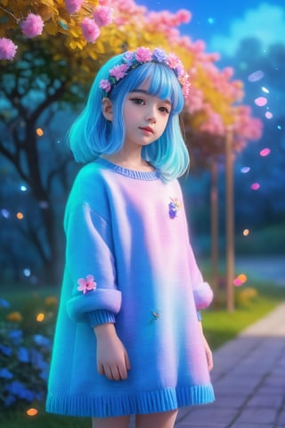 illustrator, anime , full body, realistic , sketch , k1nd3r ,8 year old, lip, Sweater,order, Blue gradient background, Neon hair,Textured crop, Canadian, (masterpiece,best quality) wearing wooly long dress and coat, full body, flowers bloom and lighting bokeh as background