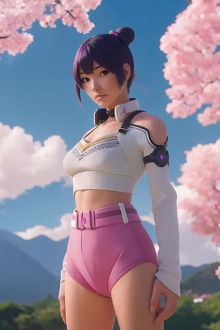 fashion portrait photo of  young woman kiriko (overwatch) wearing contemporary underwear, taken on a hasselblad medium format camera, pastel background scenery, 