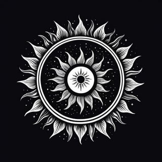 On a black background, SUN and MOON made of black and white reflective glass, bioluminescence, 
Crisp vector edge, smooth vector shapes, graphic design for t-shirt print (Logo art design). 