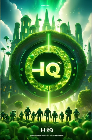 Movie poster of a Pixar film named “H2Q” about St Patrick’s Day in a sci-fi futuristic world, fusion of machines and nature, buildings covered in foliage, aliens, leperchauns, fairies, UHD, masterpiece, award winning movie, in a picture frame, names, title