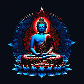 On a black background,
BUDDA
made of blue and red reflective glass, bioluminescence, (Logo art design).