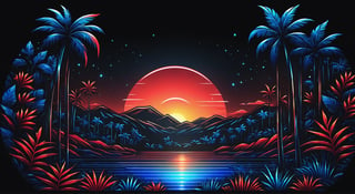 On a black background,
Sunset against the Jungle
made of blue and red reflective glass, bioluminescence, (Logo art design).