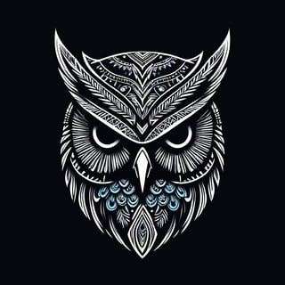 On a black background, AFRICAN OWL MASK made of black and white reflective glass, bioluminescence, 
Crisp vector edge, smooth vector shapes, graphic design for t-shirt print (Logo art design).  Minimalist vector graphic design, Sharp image edges, flat color, Drawing for tattoo