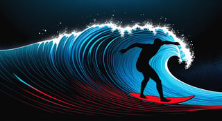 On a black background,
Surfer on a wave
made of blue and red reflective glass, bioluminescence, (Logo art design). Minimalist vector graphic design,