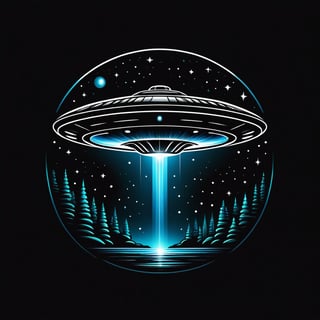 On a black background, UFO made of black and white reflective glass, bioluminescence, (Logo art design).