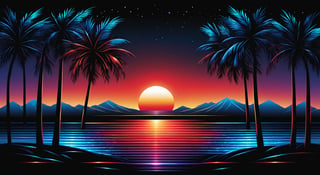 On a black background,
Sunset against the backdrop of palm trees 
made of blue and red reflective glass, bioluminescence, (Logo art design).