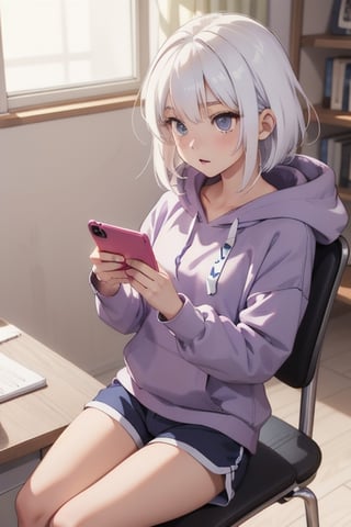 amazing anime girl, white hair, pajama shorts and big hoodie, homework on desk, on her phone