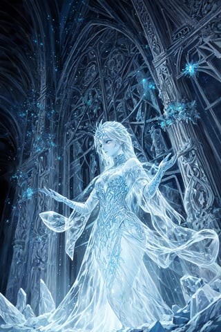 (Black and blue illustration of a ghostly female creature, ice statues on frozen tundra, shiny aura, highly detailed, crimson filigree, intricate motifs, organic tracery, glowing stardust sprinkled across the scenery, perfect composition, smooth, sharp focus, sparkling particles, dramatic natural light, intricate details, high resolution