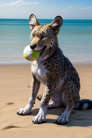 a Catahoula Leopard Dog on the beach with a ball in his mouth