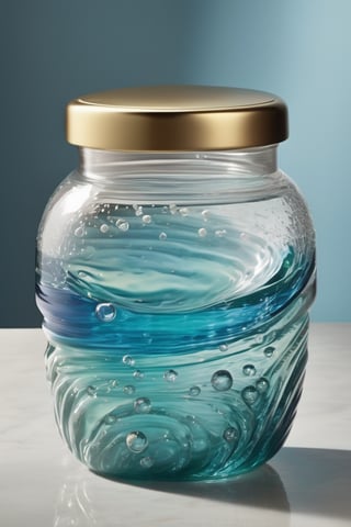 A beautifully designed (((jar))) filled with liquid, with a (((gently cascading waterfall))), created through carefully crafted bubbles and swirls, reflecting the sun's rays, creating a tranquil oasis within the container