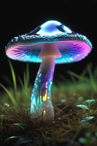 a rainbow iridescent shining holographic transparent diamond glossy mushroom that is holographic luminescent. Bioluminescent Glowing crystal mushroom. Jelly shiny Glossy Amanita Muscaria))mushroom. Ultra 3d details. Dynamic lighting. ((Black backdrop)) on grass. ((Ultra detailed 3d transparent)) highly ethereal glowing around the mushroom

