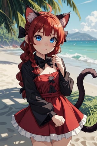 anime girl on the beach, animal ears, animated, artist name, black bow, blue eyes, bow, braid, cat ears, cat tail, commentary, dress, extra ears, hair bow, kaenbyou rin, long sleeves, looking at viewer, looping animation, multiple tails, nekomata, no nose, red dress, red hair