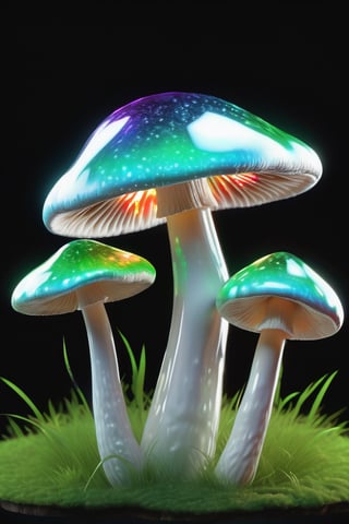 a silver metallic holographic iridescent shining transparent diamond glossy mushroom that is holographic luminescent. Bioluminescent Glowing crystal mushroom. Jelly shiny Glossy Amanita Muscaria))mushroom. Ultra 3d details. Dynamic lighting. ((Black backdrop)) on green grass. ((Ultra detailed 3d transparent)) pearly smooth. Accurate mushroom anatomy