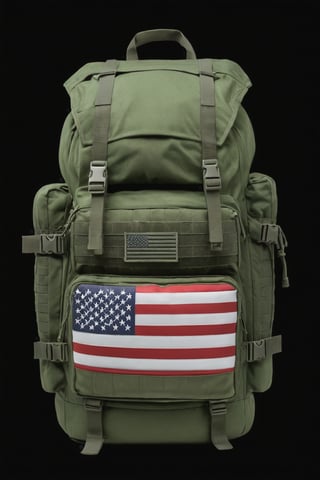 Green combat backpack with American flag  ,  white background 