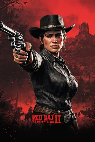 Red Dead Redemption 2 game poster for the third version, a woman with a cowboy hat, and a big wound on her eye, two revolvers