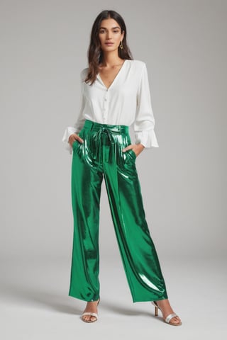 Fez shiny green women's pants،  white background 