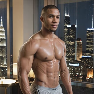 portrait shot, a young ebony athletic handsome man, in a luxury hotel room with a big windowed skyscrappers view, shadows accentuating muscles, buzz cut, perfect eyes, (at night):2, confident pose, photography, masterpiece, 4k ultra hd, soft lighting, extremely realistic, noise-free realism, sigma 85mm f/1.4, sexy muscular,Extremely Realistic,more saturation 