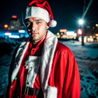 portrait shot, a photograph of a handsome muscular male teenager wearing santa costume in snowy cyberpunk city, neon lights, skyscrappers, 4k ultra hd, smooth picture, noise-free realism, sigma 85mm f/1.4,Realism,Portrait