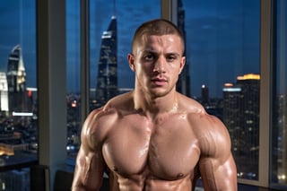 half body portrait shot, a young athletic handsome man, in a luxury hotel room with a big windowed skyscrappers view, shadows accentuating muscles, buzz cut, perfect eyes, (at night):2, photography, masterpiece, 4k ultra hd, soft lighting, extremely realistic, noise-free realism, sigma 85mm f/1.4, sexy muscular,Extremely Realistic,more saturation 