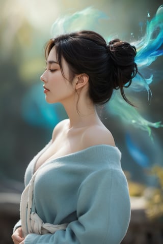 full body view of a young chinese woman with hair in bun. She is in profile, with her eyes closed and a peaceful expression on her face. Her hair swirls around her, merging with the surrounding bright abstract splashes of color mostly blues, yellows, green, creating a dynamic, dreamy backdrop. She wears an off-the-shoulder coat that blends in with the surrounding artistic and painterly style of the environment. The light is soft, highlighting her delicate facial features and the details in her hair and clothing. The overall mood is peaceful and introspective, with a sense of movement and fluidity conveyed by the swirling colors and the natural flow of her hair. epic render, intricate detailed, high reso