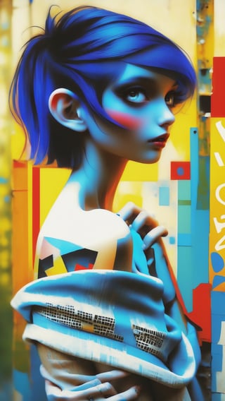 Blue short hair, bold cut, off shoulder tank shirt, fashion pose, beautify tattoo on one shoulder, graffiti newspaper background, Head to shoulders shot, art by Wadim Kashin, Nicoletta Ceccoli. Klimt style.